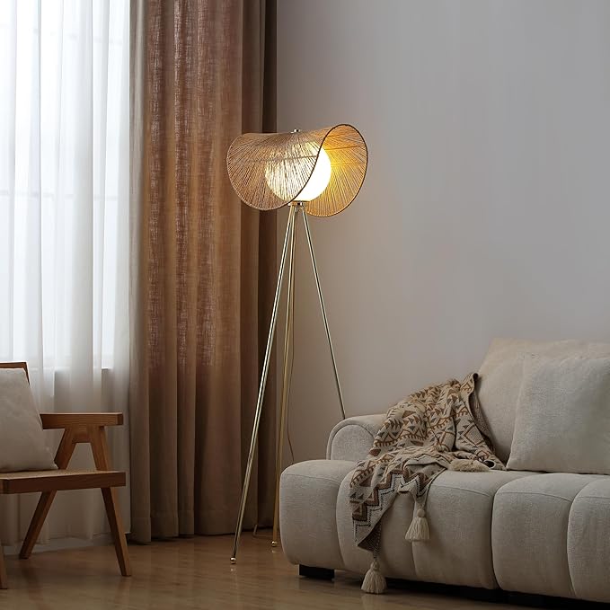 Sovev 62.87 in. Brass Bohemian Floor Lamp for Living Room with Opal Glass Rattan Shade - LeafyLoom