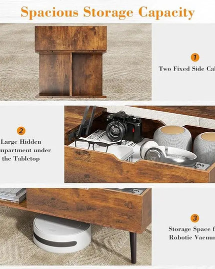 Coffee Table, Lift Top Coffee Tables for Living Room, Small Modern Wooden Center Tables with Storage Shelf and Hidden Compartment - LeafyLoom