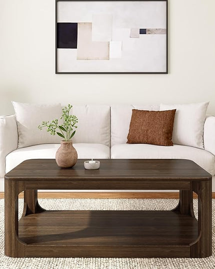 Plank+Beam Forma Coffee Table, Solid Wood 48 Inch Modern Coffee Table with Shelf, Contemporary Center Table with Storage Space, Rectangle Tea Table with Storage, Walnut - LeafyLoom