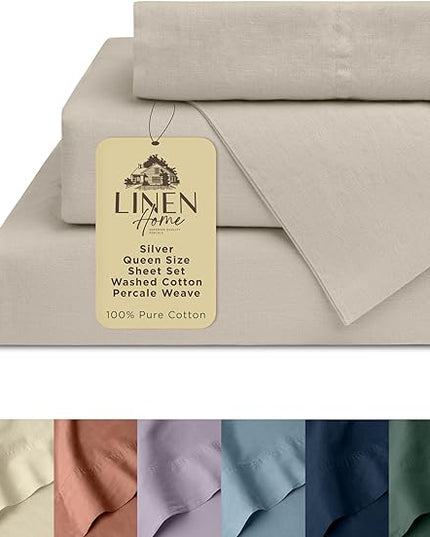 Linen Home Washed Cotton Percale Queen Sheet Set, Silver, Deep Pocket, 4 Pieces Bed Sheets - 1 Flat Sheet, 1 Fitted Sheet & 2 Envelope Closure Pillowcases, Cool and Comfortable Bed Linen - LeafyLoom