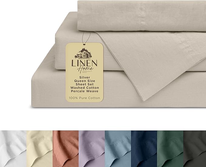 Linen Home Washed Cotton Percale Queen Sheet Set, Silver, Deep Pocket, 4 Pieces Bed Sheets - 1 Flat Sheet, 1 Fitted Sheet & 2 Envelope Closure Pillowcases, Cool and Comfortable Bed Linen - LeafyLoom