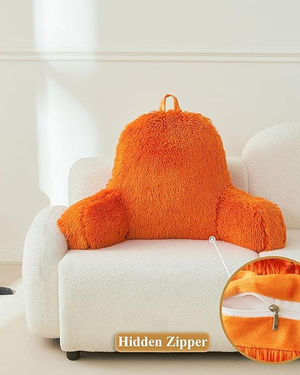 XeGe Fluffy Back Support Pillow Cover for Bed (No Filler), Faux Fur Back Rest Pillow Case for Sitting in Bed, Furry Reading Pillow Cover with Arms Adults Kids, Fuzzy Sit Up Pillow Floor Chair, Orange - LeafyLoom