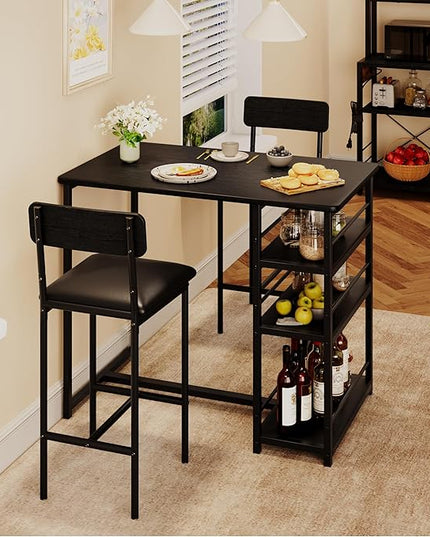 Dining Table Set for 2, Kitchen Table and Upholstered Chairs for 2, 3 Piece Counter Height Bar Table Set with 3 Large Storage Shelves for Small Space, Apartment, Studio, Rustic Black - LeafyLoom