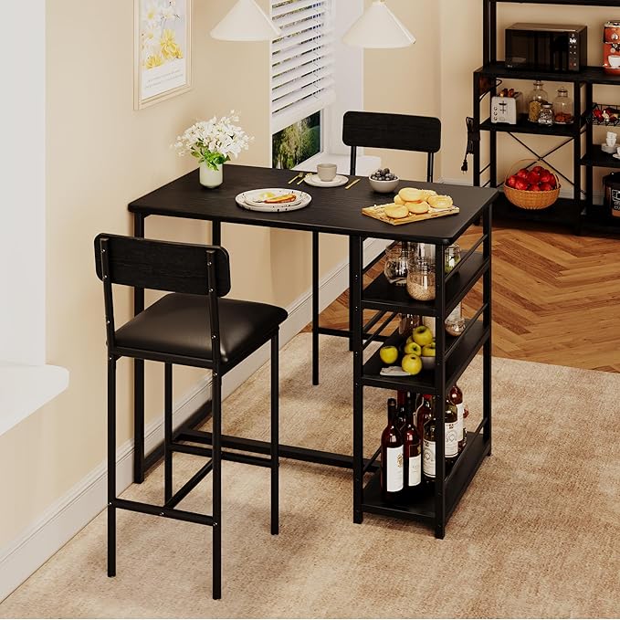 Dining Table Set for 2, Kitchen Table and Upholstered Chairs for 2, 3 Piece Counter Height Bar Table Set with 3 Large Storage Shelves for Small Space, Apartment, Studio, Rustic Black - LeafyLoom