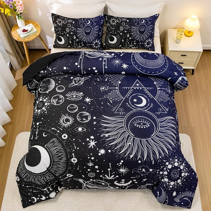 Holawakaka Stars Moon Constellation Print Comforter Set Twin Size Girls Boys Witchy Astrology Zodiac Celestial Bedding Set (Navy Blue,Twin) - LeafyLoom