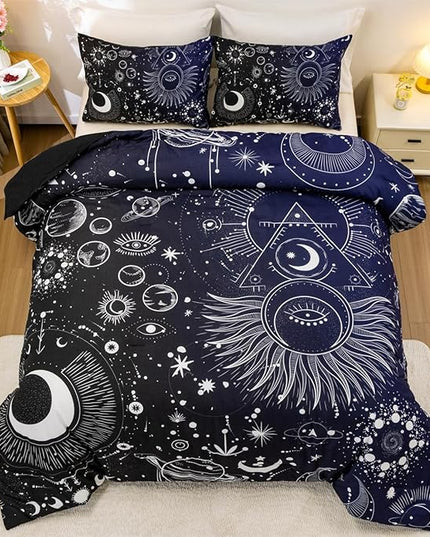 Holawakaka Stars Moon Constellation Print Comforter Set Queen Size Girls Boys Witchy Astrology Zodiac Celestial Bedding Set (Navy Blue, Queen) - LeafyLoom