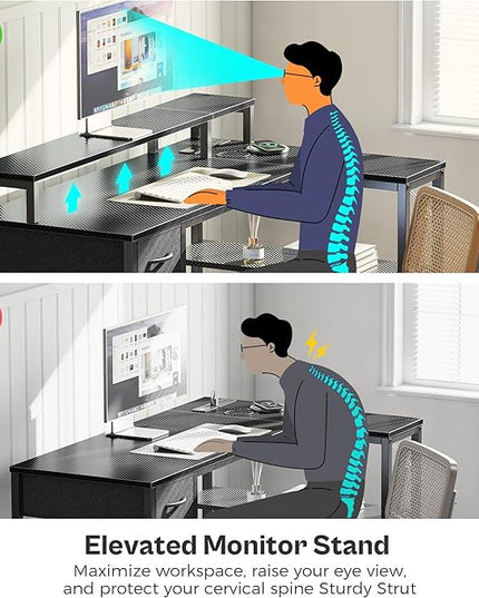 SUPERJARE 47 inch Reversible L Shaped Desk with LED Lights & Power Outlets, Computer Desk with Shelves & Monitor Stand, Gaming Desk with Drawer, Home Office Desk Corner Desk, Carbon Fiber Black - LeafyLoom