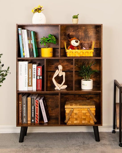 LEYAOYAO Cube Bookshelf 3 Tier Mid-Century Rustic Brown Modern Bookcase with Legs,Retro Wood Bookshelves Storage Organizer Shelf,Freestanding Open Book Shelves for Bedroom,Living Room,Office - LeafyLoom