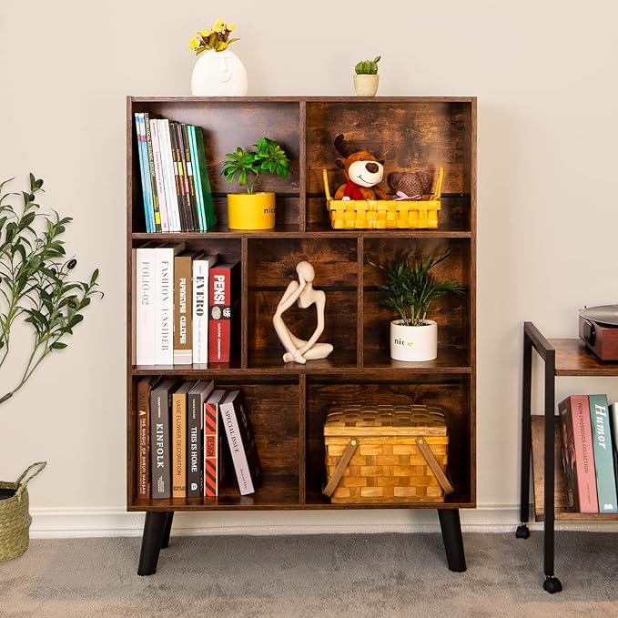 LEYAOYAO Cube Bookshelf 3 Tier Mid-Century Rustic Brown Modern Bookcase with Legs,Retro Wood Bookshelves Storage Organizer Shelf,Freestanding Open Book Shelves for Bedroom,Living Room,Office - LeafyLoom
