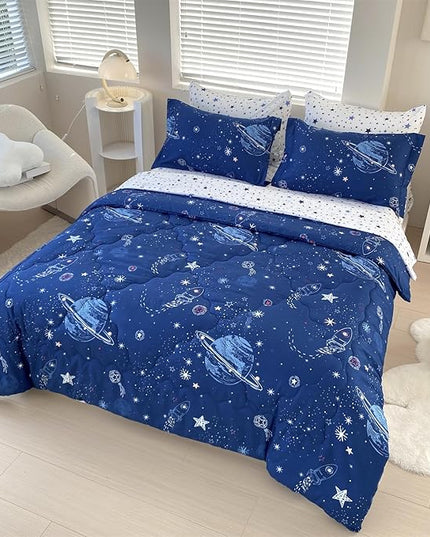 7 Piece Boys Space Comforter Set Twin Size Bed in A Bag Star Rocket Galaxy Universe Planets Bedding Set for Kids Teens Girls Microfiber Blue Quilt All Season - LeafyLoom