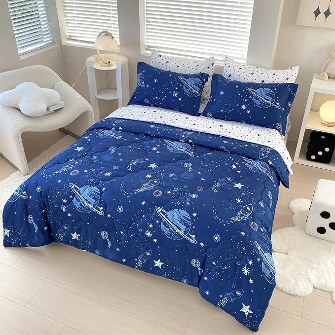 7 Piece Boys Space Comforter Set Twin Size Bed in A Bag Star Rocket Galaxy Universe Planets Bedding Set for Kids Teens Girls Microfiber Blue Quilt All Season - LeafyLoom