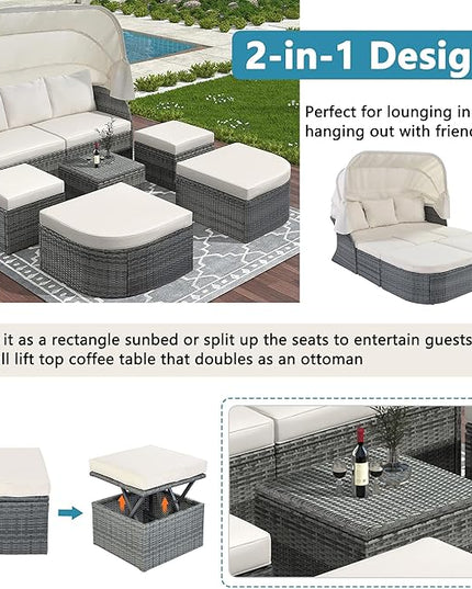 Rectangle Furniture Daybed Sunbed with Retractable Canopy, Outdoor Wicker Conversation Set with Cushions for Patio, Backyard, Porch, Garden, Hc-Beige - LeafyLoom