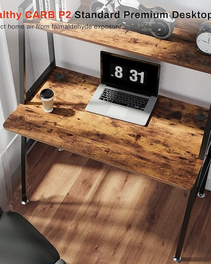 DESIGNA Small Computer Ladder Desk with Storage Shelves, 43 Inch 2-Tier Home Office Students Study Writing PC Gaming Table with Bookshelf Modern Workstation for Space Saving, Metal Frame, Rustic Brown - LeafyLoom