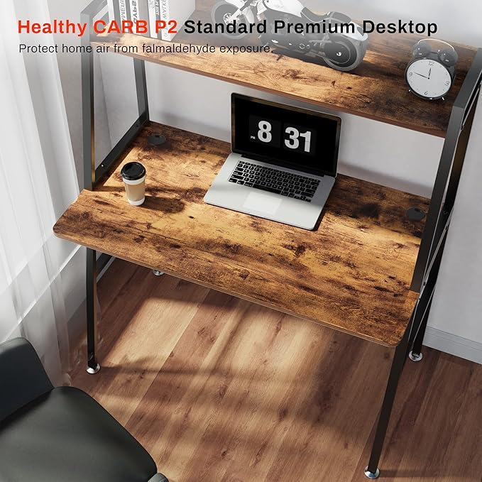 DESIGNA Small Computer Ladder Desk with Storage Shelves, 43 Inch 2-Tier Home Office Students Study Writing PC Gaming Table with Bookshelf Modern Workstation for Space Saving, Metal Frame, Rustic Brown - LeafyLoom
