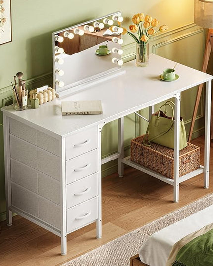 47 Inch Computer Desk with 4 Drawers, Office Desk with Mesh Shelf, Gaming Desk, Large Storage, Writing Desk Work Desk for Home Office, Study, Bedroom, Work from Home, White - LeafyLoom