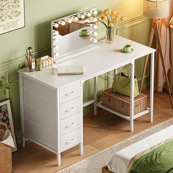 47 Inch Computer Desk with 4 Drawers, Office Desk with Mesh Shelf, Gaming Desk, Large Storage, Writing Desk Work Desk for Home Office, Study, Bedroom, Work from Home, White - LeafyLoom