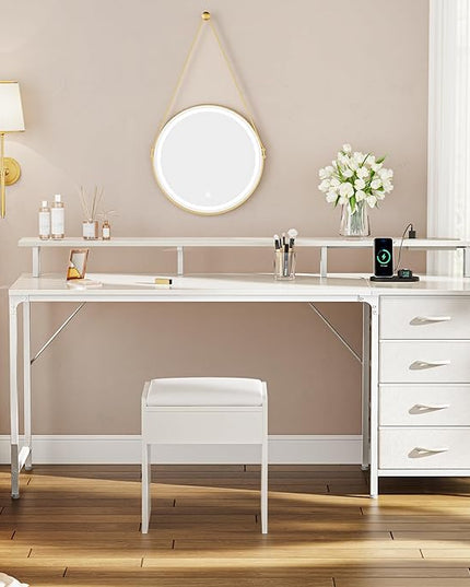 63 Inch Computer Desk with Power Outlets and LED Lights, Gaming Desk with 4 Drawers, Office Desk with Monitor Stand, Study Desk Work Desk for Home Office, White - LeafyLoom