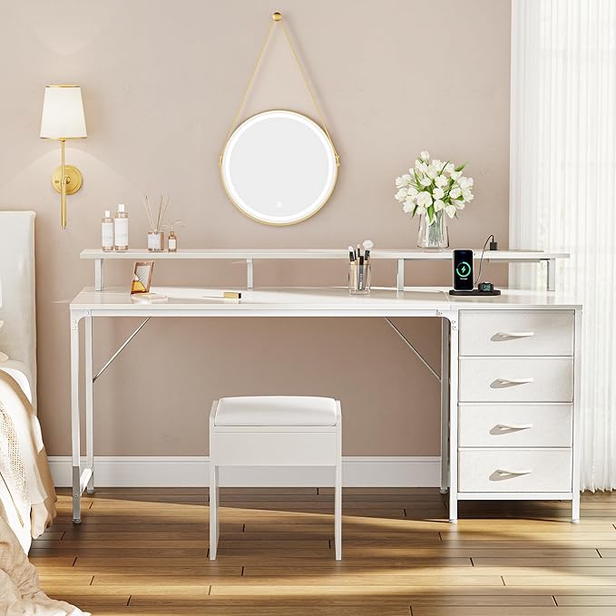 63 Inch Computer Desk with Power Outlets and LED Lights, Gaming Desk with 4 Drawers, Office Desk with Monitor Stand, Study Desk Work Desk for Home Office, White - LeafyLoom