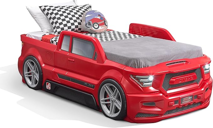 Step2 Turbocharged Twin Size Truck Car Bed, Car Bed for Boys and Girls, Working Headlights & Built-In Storage, Toddlers Ages 3+ Years Old, Adult Assembly Required, Vibrant Red - LeafyLoom