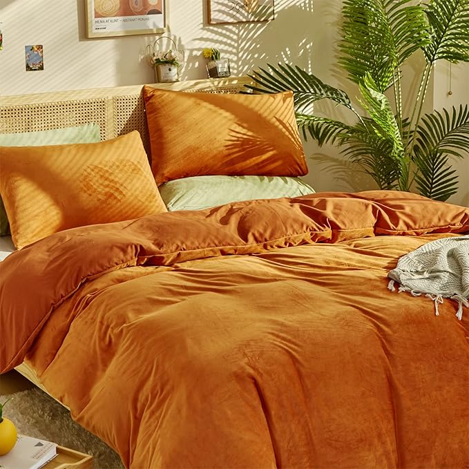 Burnt Orange Color Velvet Comforter Set Cal King Solid Rust Color Flannel Velvet Bedding Comforter Set All Caramel Colour 3 PCs Shaggy Soft Warm and Durable Flannel Blanket Cal King - LeafyLoom