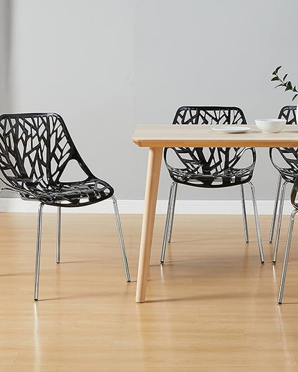 CangLong Modern Mid Century Plastic Shell Hollow Matal Legs Dining Chairs, set of 4, Black - LeafyLoom