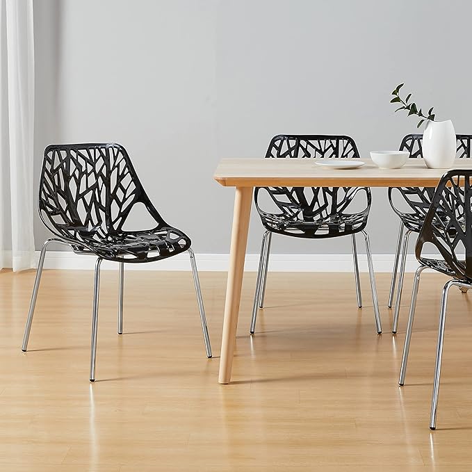 CangLong Modern Mid Century Plastic Shell Hollow Matal Legs Dining Chairs, set of 4, Black - LeafyLoom