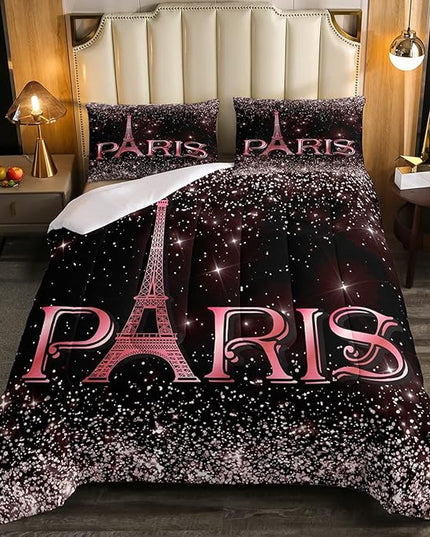 Erosebridal Eiffel Tower Comforter Set Full Size, Paris France Duvet Sets for Kids Teens Adult Women Bedroom Decor Starry Sky Bling Bedding Set City Building Quilted Duvet with 2 Pillow Cases - LeafyLoom