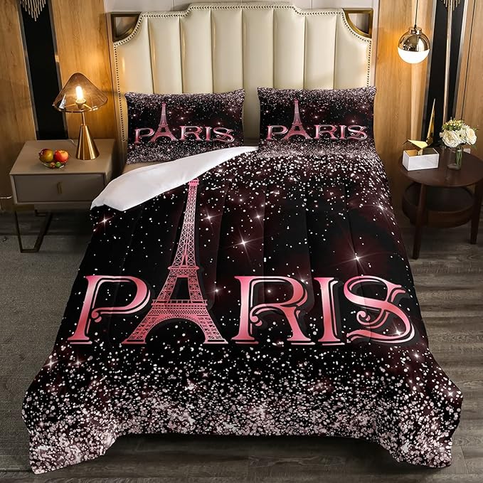 Erosebridal Eiffel Tower Comforter Set Full Size, Paris France Duvet Sets for Kids Teens Adult Women Bedroom Decor Starry Sky Bling Bedding Set City Building Quilted Duvet with 2 Pillow Cases - LeafyLoom