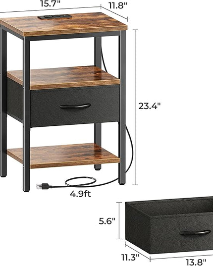 SUPERJARE Nightstand Set of 2, Bed Side Tables with Charging Station, Adjustable Fabric Drawer, Night Stand for Bedroom, 3-Tier Storage End Tables, for Living Room, Rustic Brown and Black - LeafyLoom