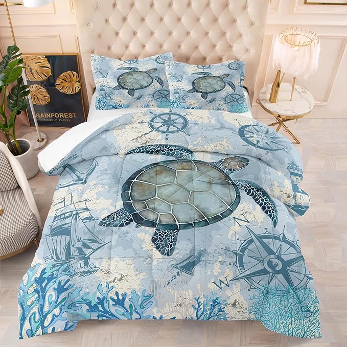 NINENINE Sea Turtle Comforter Set Twin Size for Kids Girls Boys,Ocean Themed Turtle Printed Aqua Blue Bedding Coral Sailboat Bed Set with 1 Comforter 1Pillowcase… - LeafyLoom