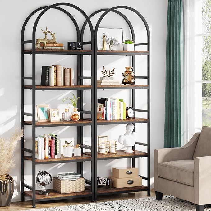 Tribesigns 5-Tier Open Bookshelf, 74.4" Wood Bookcase Storage Shelves with Metal Frame, Freestanding Display Rack Tall Shelving Unit for Office, Bedroom, Living Room, Easy Assembly(Brown, 2PCS) - LeafyLoom