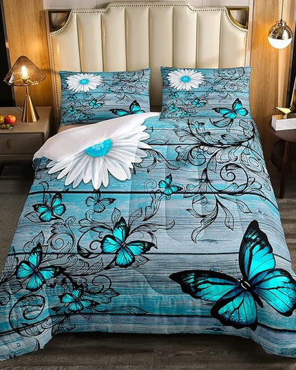 Butterfly Bedding Sets for Girls Teens Women Bedroom Rustic Flower Comforter Set,Blue Butterflies White Chic Floral Duvet Set Retro Vintage Romantic Style Quilt Set Queen Size Soft Lightweight - LeafyLoom