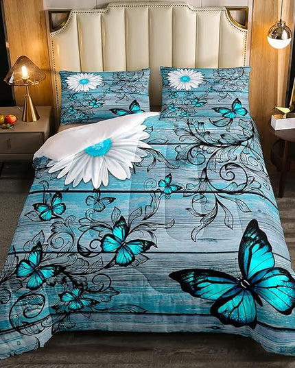 Butterfly Bedding Sets for Girls Teens Women Bedroom Rustic Flower Comforter Set,Blue Butterflies White Chic Floral Duvet Set Retro Vintage Romantic Style Quilt Set Full Size Soft Lightweight - LeafyLoom