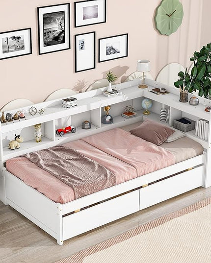 Twin Size Platform 2 Storage Drawers and L-Shaped Bookcases, Wooden Captain Bed Daybed Frame with Headboard for Bedroom, Living Room, White - LeafyLoom