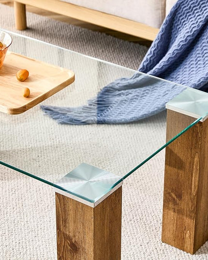 44" Modern Wood and Glass Top Coffee Table Rectangle Tea Table with Wood Leg for Living Room - LeafyLoom