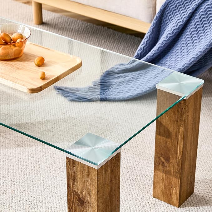 44" Modern Wood and Glass Top Coffee Table Rectangle Tea Table with Wood Leg for Living Room - LeafyLoom