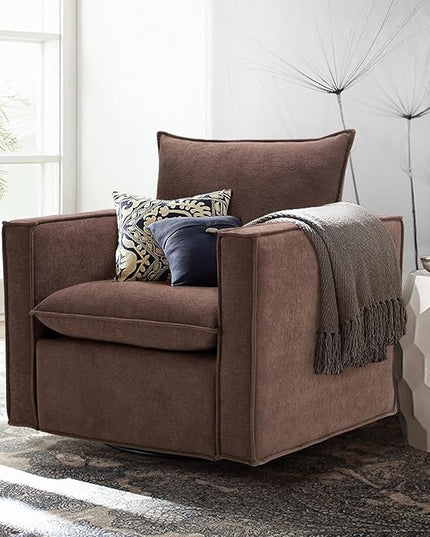 COLAMY Swivel Accent Chair for Living Room, 34inches Wide Upholstered Arm Chair with Plump Back Pillow, Modern Sofa Living Room Chair for Bedroom, Corner, Reading Nook-Brown - LeafyLoom