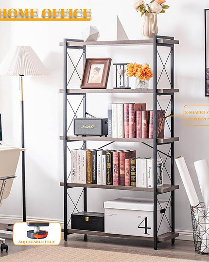 HCHQHS Bookshelf, 5-Tier Industrial Bookcase, Rustic Open Book Shelf, Freestanding Tall Bookshelves with Metal Frame - LeafyLoom