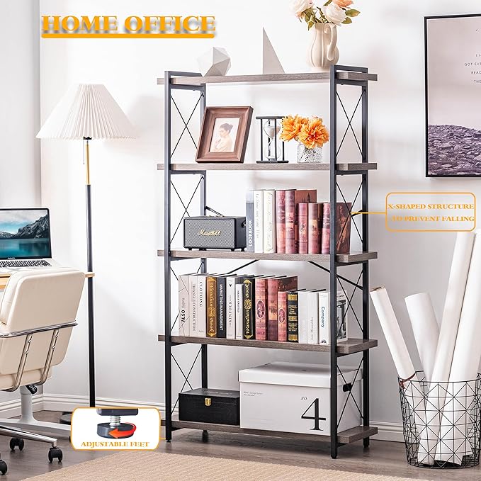HCHQHS Bookshelf, 5-Tier Industrial Bookcase, Rustic Open Book Shelf, Freestanding Tall Bookshelves with Metal Frame - LeafyLoom