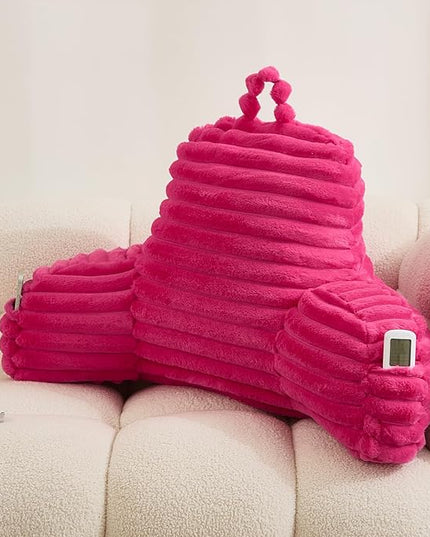 WERDIM Reading Pillow for Sitting in Bed, Faux Fur Back Pillow for Bed Rest, Bed Chair Pillow with Arms and Pockets(Large, Hot Pink) - LeafyLoom