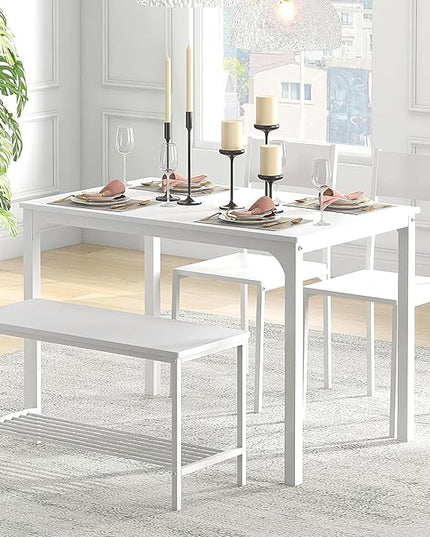 sogesfurniture 4-Piece Dining Table Set with 1 Bench and 2 Chairs, Kitchen Bench Table Set for 4, Wooden Kitchen Table and Chairs for Limited Space,White - LeafyLoom