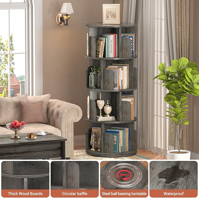 Rotating Bookshelf, Wood Corner Bookshelf, 360 Display Spinning Bookcase Storage Rack, 4 Tier Floor Standing Revolving Bookcase Narrow Book Shelf Organizer for Small Space, Bedroom, Grey Oak - LeafyLoom