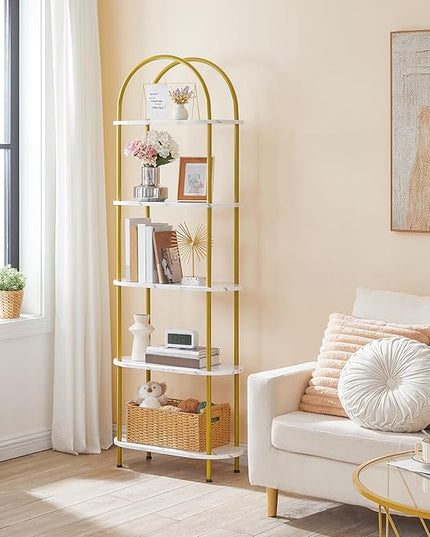 HOOBRO 5 Tier Open Bookshelf, Modern Arched Bookcase Display Shelf Racks, Wooden Bookcase Storage Shelves Metal Frame, Tall Storage Organizer for Living Room, Easy Assembly, Gold DM176SJ01 - LeafyLoom