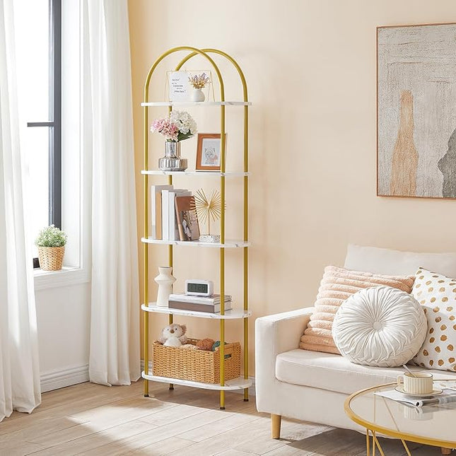 HOOBRO 5 Tier Open Bookshelf, Modern Arched Bookcase Display Shelf Racks, Wooden Bookcase Storage Shelves Metal Frame, Tall Storage Organizer for Living Room, Easy Assembly, Gold DM176SJ01 - LeafyLoom