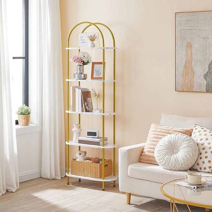 HOOBRO 5 Tier Open Bookshelf, Modern Arched Bookcase Display Shelf Racks, Wooden Bookcase Storage Shelves Metal Frame, Tall Storage Organizer for Living Room, Easy Assembly, Gold DM176SJ01 - LeafyLoom