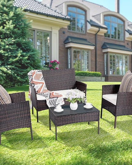 Patio Furniture Set,4 Piece Garden Conversation Set, Outdoor Wicker Rattan Table and Chairs, Black Patio Set, Sectional Sofa with Thick Cushion for Garden, Yard, or Porch (Brown/Beige) - LeafyLoom