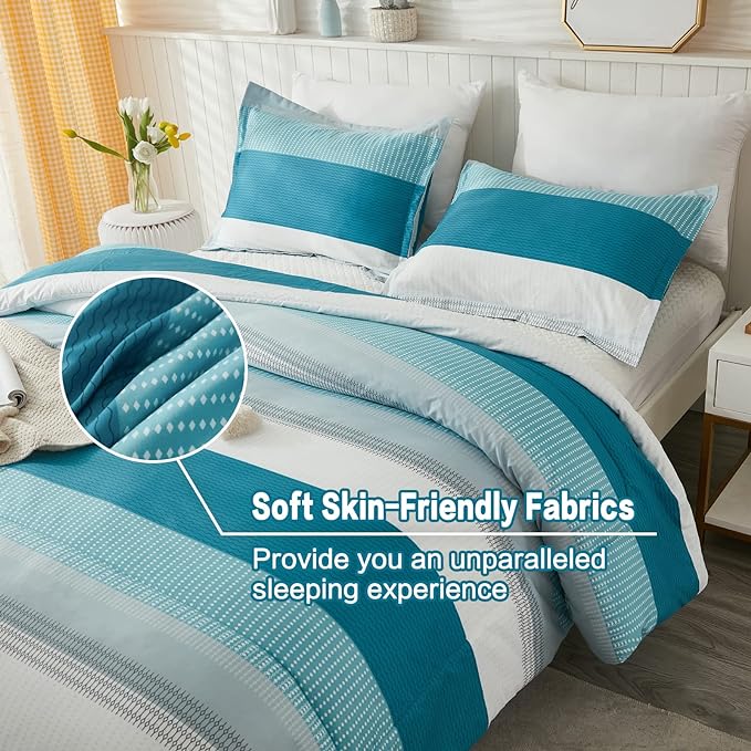 Litanika Teal White Bed Comforter Twin Set, XL Twin Comforter Striped Bedding Comforter Set, 2 Pieces Lightweight Soft All Season Down Alternative Comforter (1 Comforter, 1 Pillowcase) - LeafyLoom