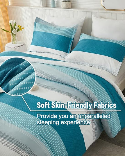 Litanika Full Comforter Set White Teal - 3 Pieces Lightweight Fluffy Bedding Comforter Sets, All Season Down Alternative Comforter (1 Comforter, 2 Pillowcases) - LeafyLoom