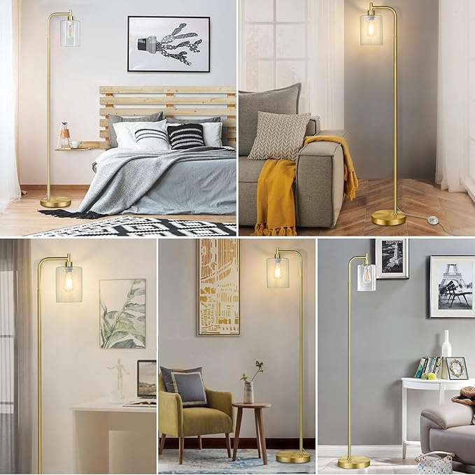 MAXvolador Industrial Floor Lamp, Modern Standing Lamps with Hanging Clear Glass Shade, Classic Reading Tall Pole Light for Living Room Bedroom, Gold - LeafyLoom