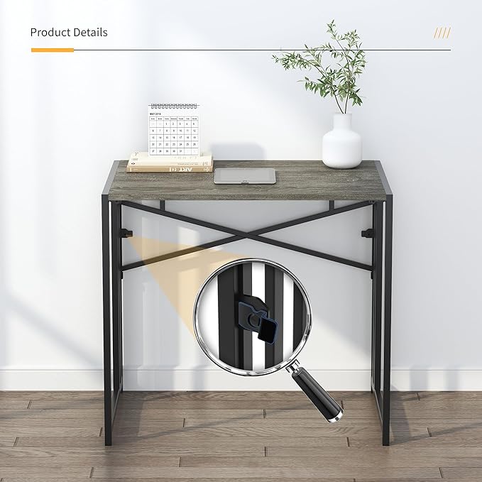 32 inch Small Folding Desk, Writing Gaming Computer Camping Desk for Small Spaces, No Assembly Required Home Office Desk, Black Oak - LeafyLoom